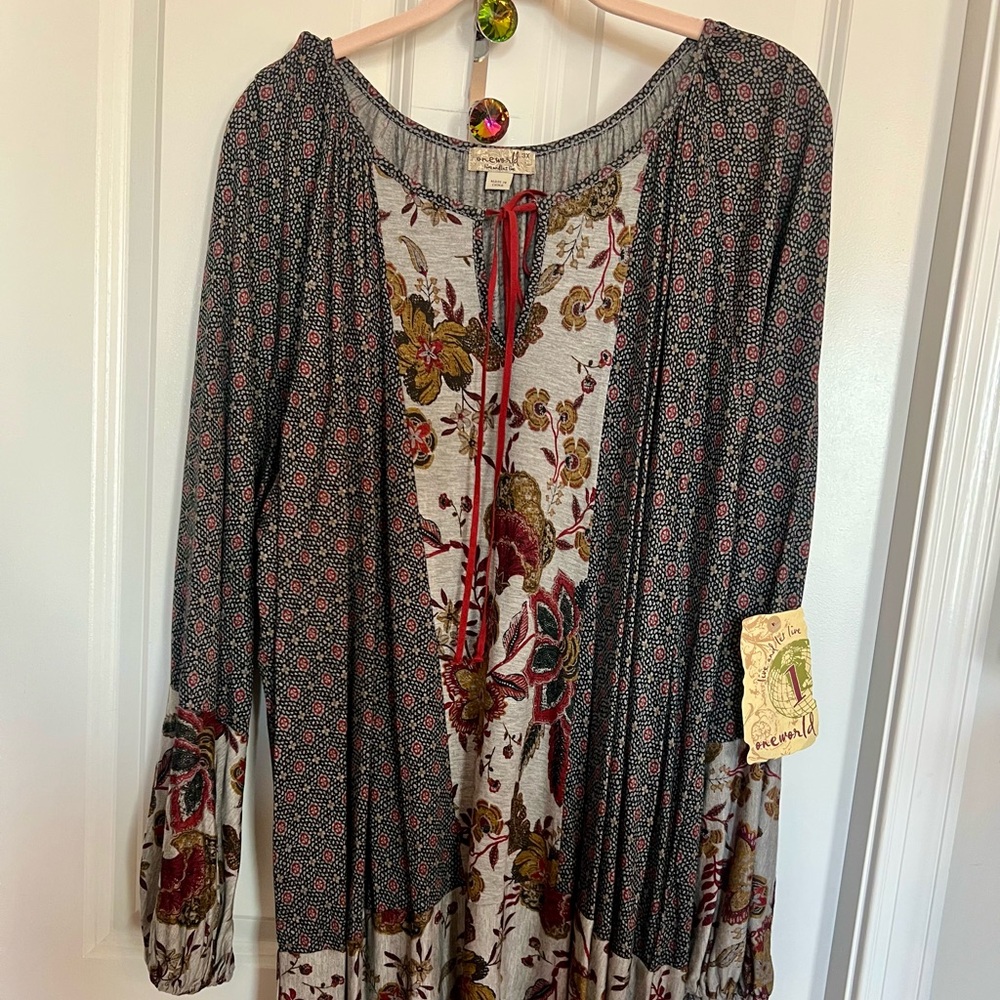 ONE WORLD Gray Top with Red and Gold Accents